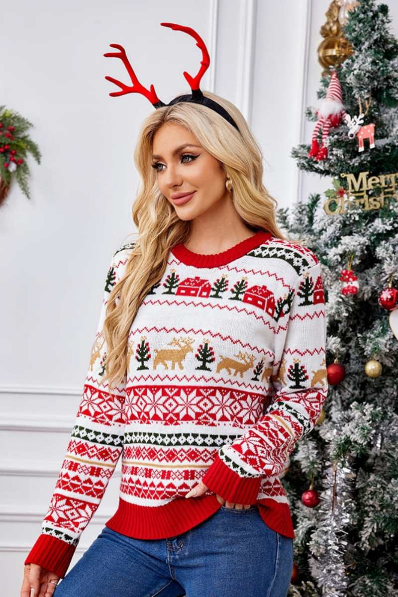 Christmas Crewneck Embroidered Knit Sweater-ROVOLE