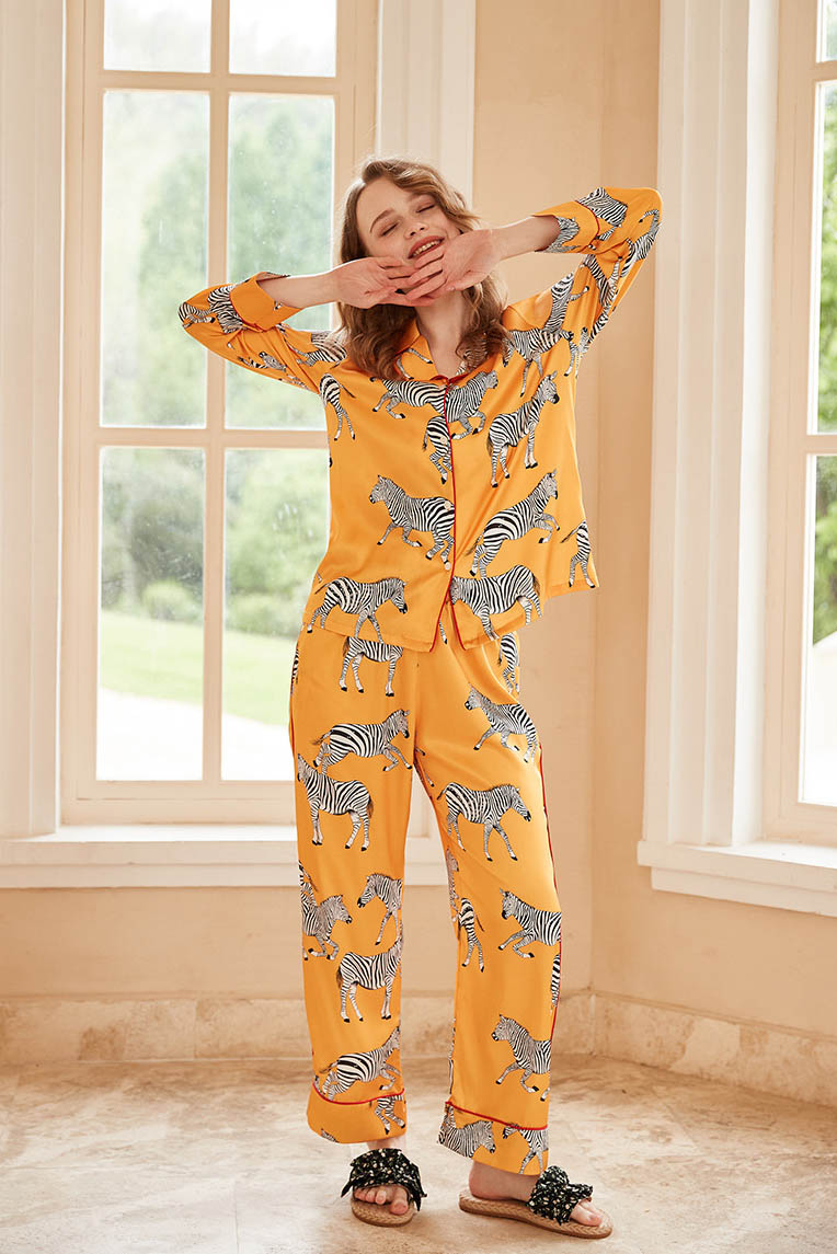 Zebra Print Long Sleeve Loungewear Set - Yellow-ROVOLE