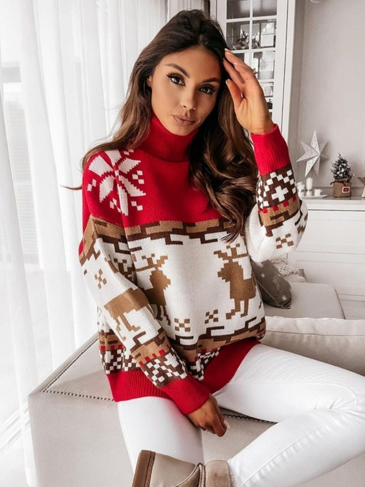 Knit Pullover with Embroidered Reindeer and Snowflake Design-ROVOLE