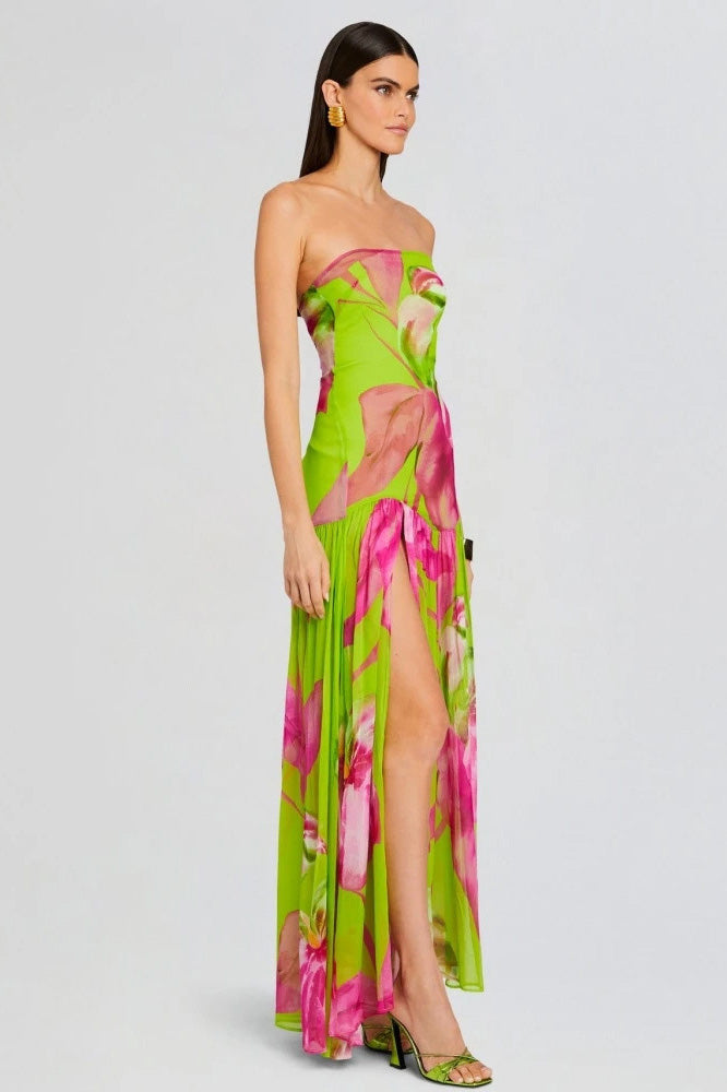 Pam Printed Strapless Slit Maxi Dress-ROVOLE