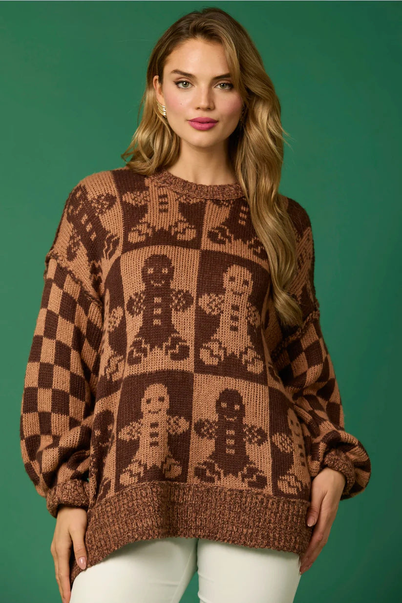 Candy Cane Christmas Needles & Gingerbread Man Knit Sweater-ROVOLE
