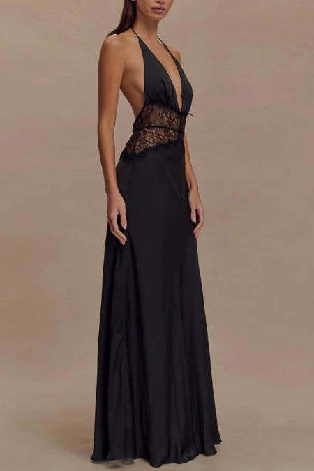 Halter Patchwork Backless Sexy Maxi Dress-ROVOLE