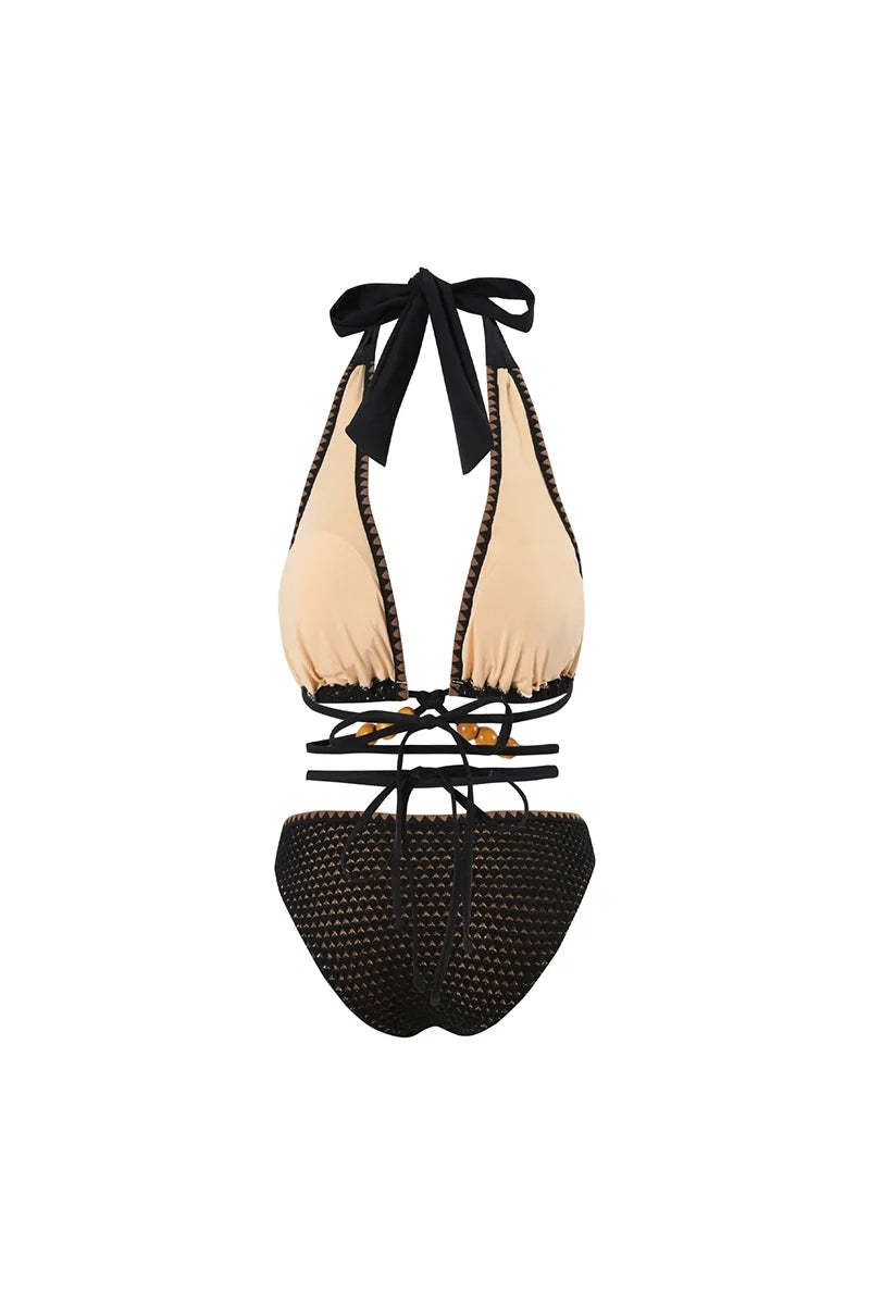 Beaded Knit Tie-String Black Bikini Set-ROVOLE