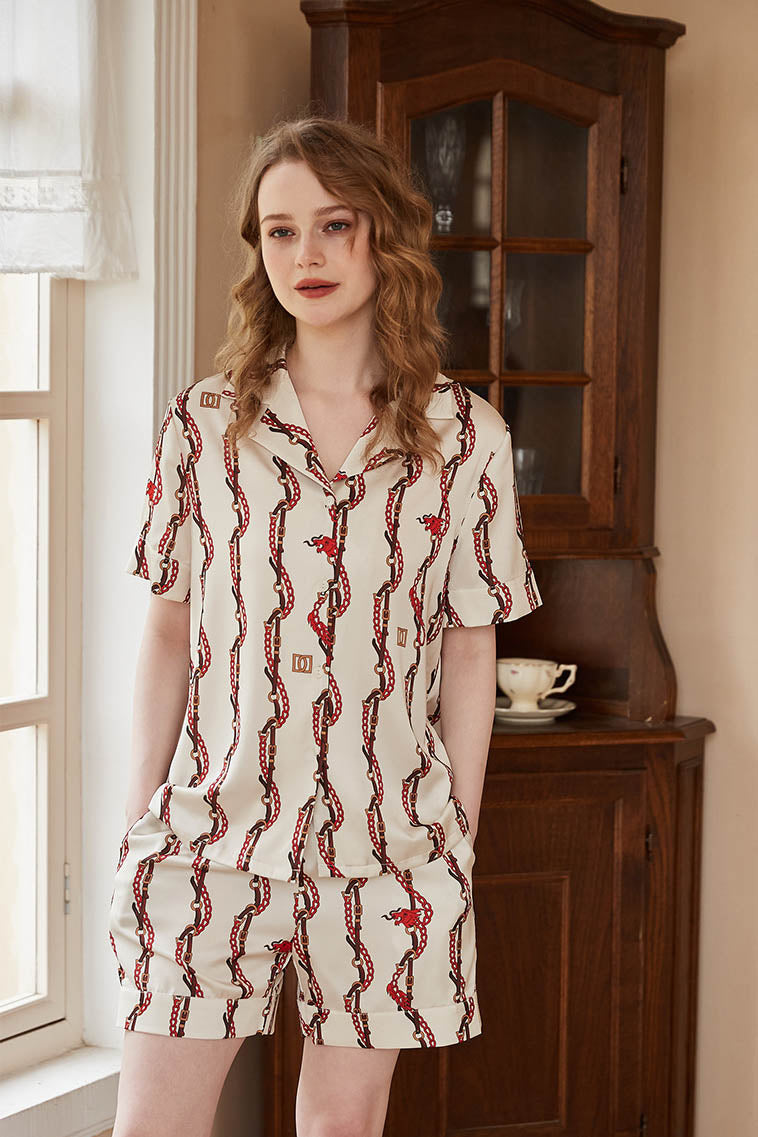 Dragon Head Chain Print Short-Sleeve Loungewear Set-ROVOLE