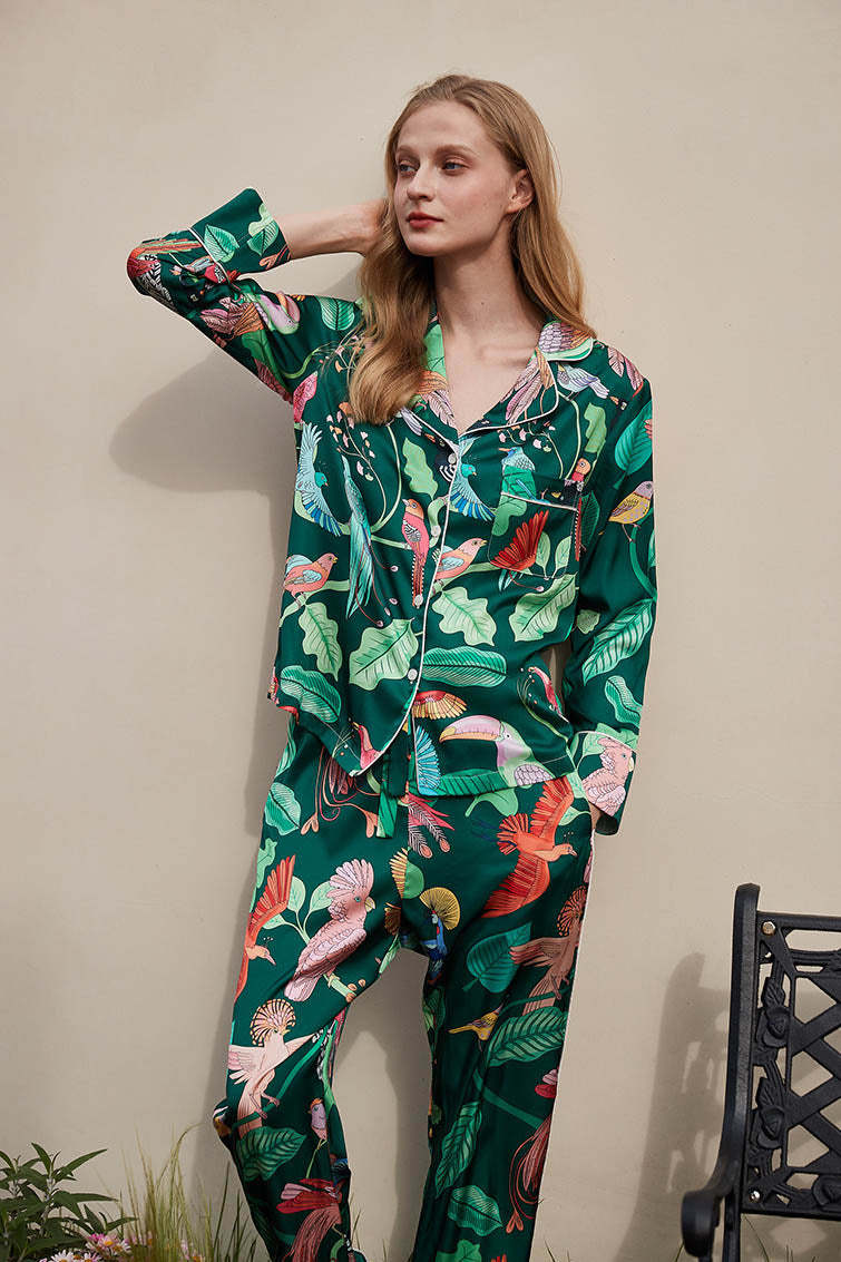 Green Parrot Print Silk Pajama Set-ROVOLE