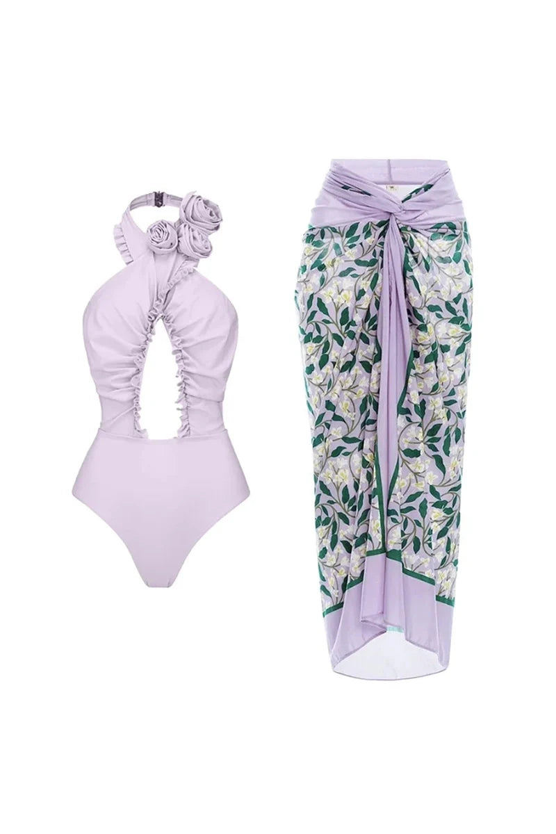 3D Floral Halter Backless Swimsuit Set-ROVOLE