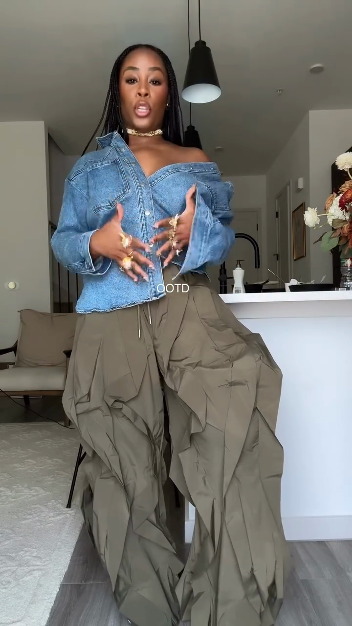 Olive Green Ruched Cargo Parachute Pants-ROVOLE