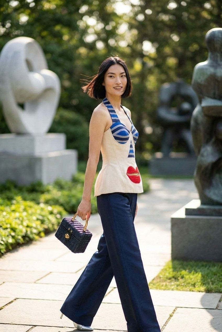 Women's Surrealist Embroidered Halter Blouse and Wide Leg Pants Set