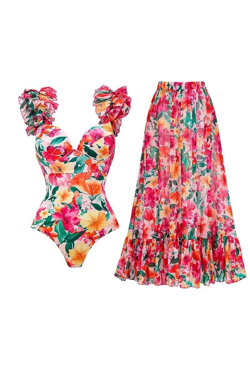 Floral Backless Swimsuit Beach Vacation Set-ROVOLE