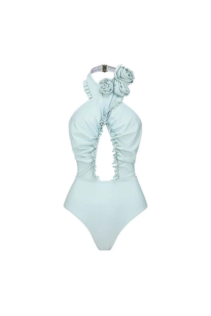 Halter Backless Swimsuit with 3D Floral Set-ROVOLE
