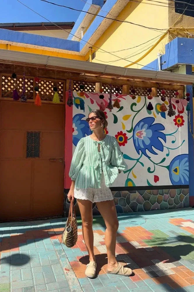 Green Stripes Puff Sleeve Peplum Bow Ties Blouse Short Top-ROVOLE