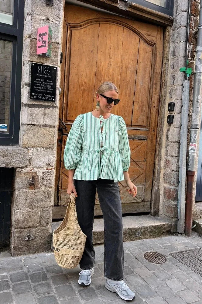 Green Stripes Puff Sleeve Peplum Bow Ties Blouse Short Top-ROVOLE