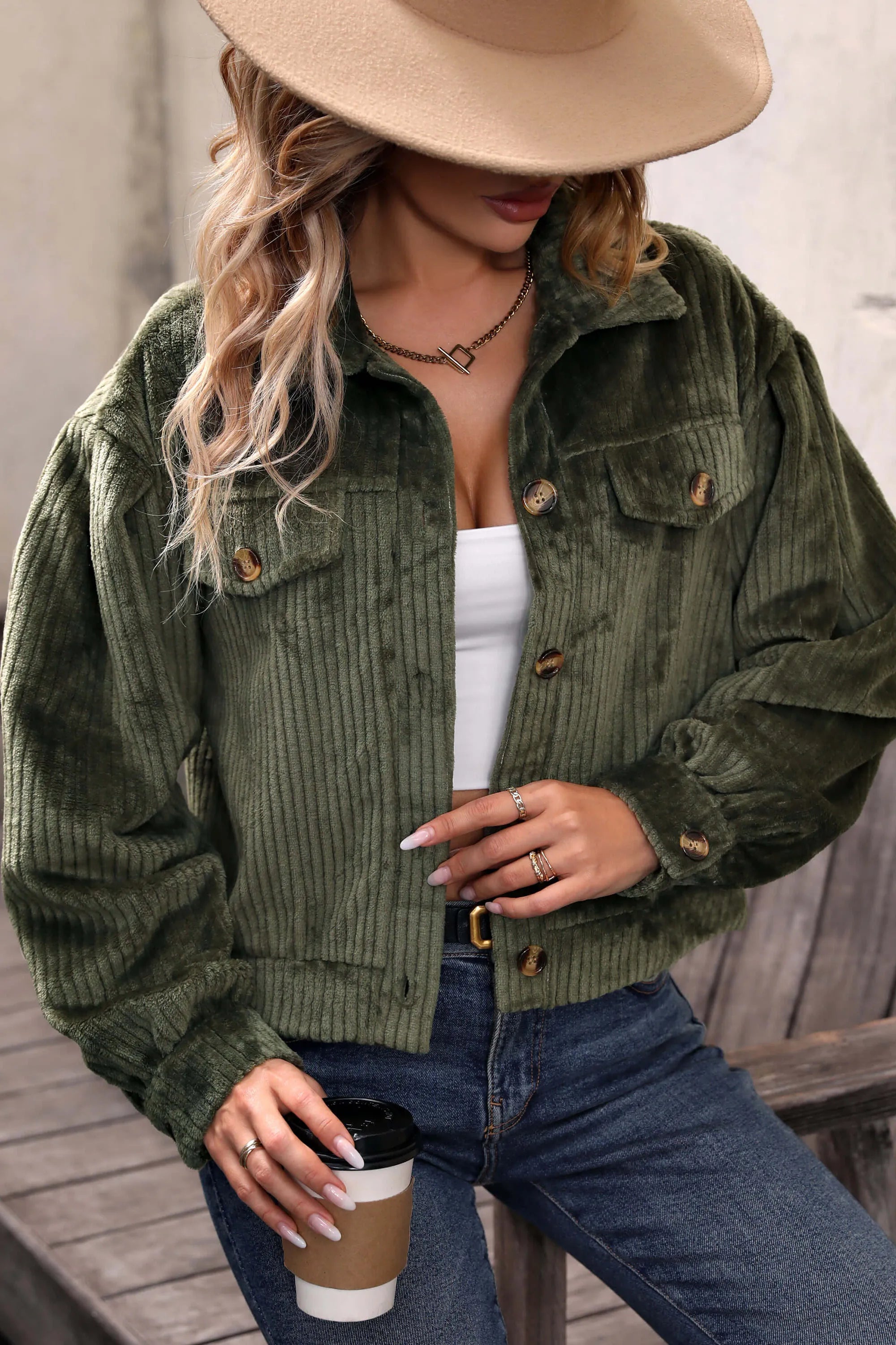 Sabrina Cropped Corduroy Shacket - Olive-ROVOLE