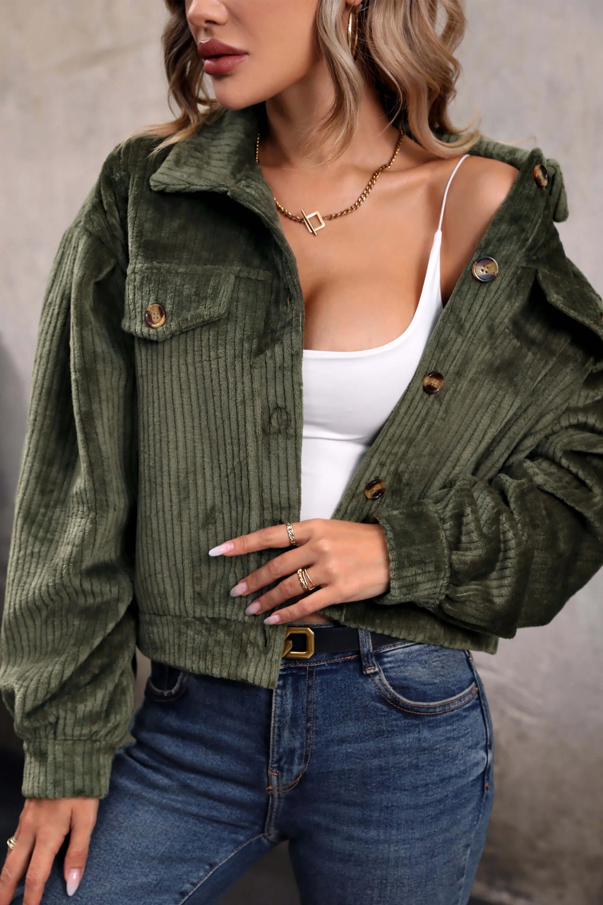 Sabrina Cropped Corduroy Shacket - Olive-ROVOLE