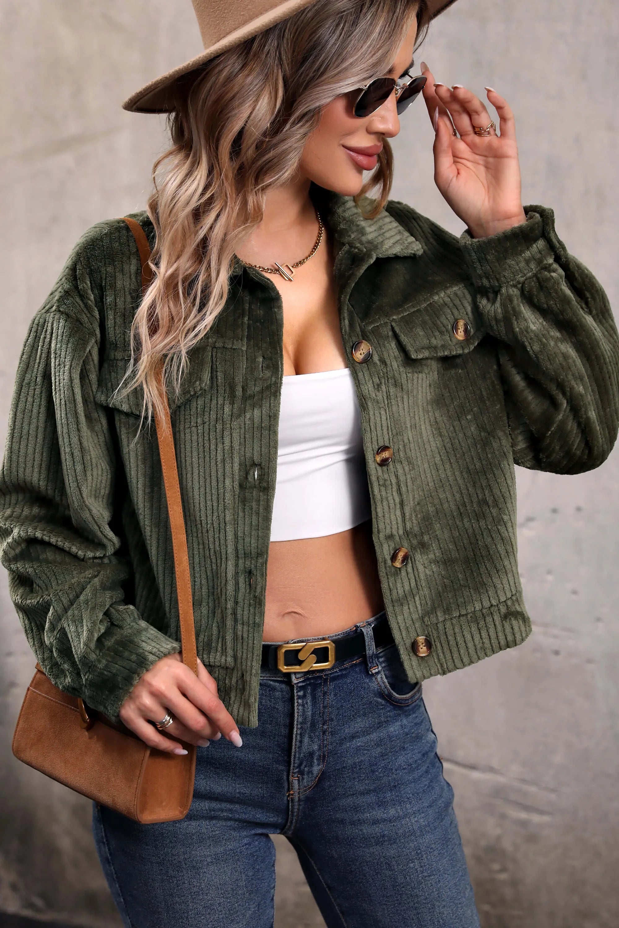 Sabrina Cropped Corduroy Shacket - Olive-ROVOLE
