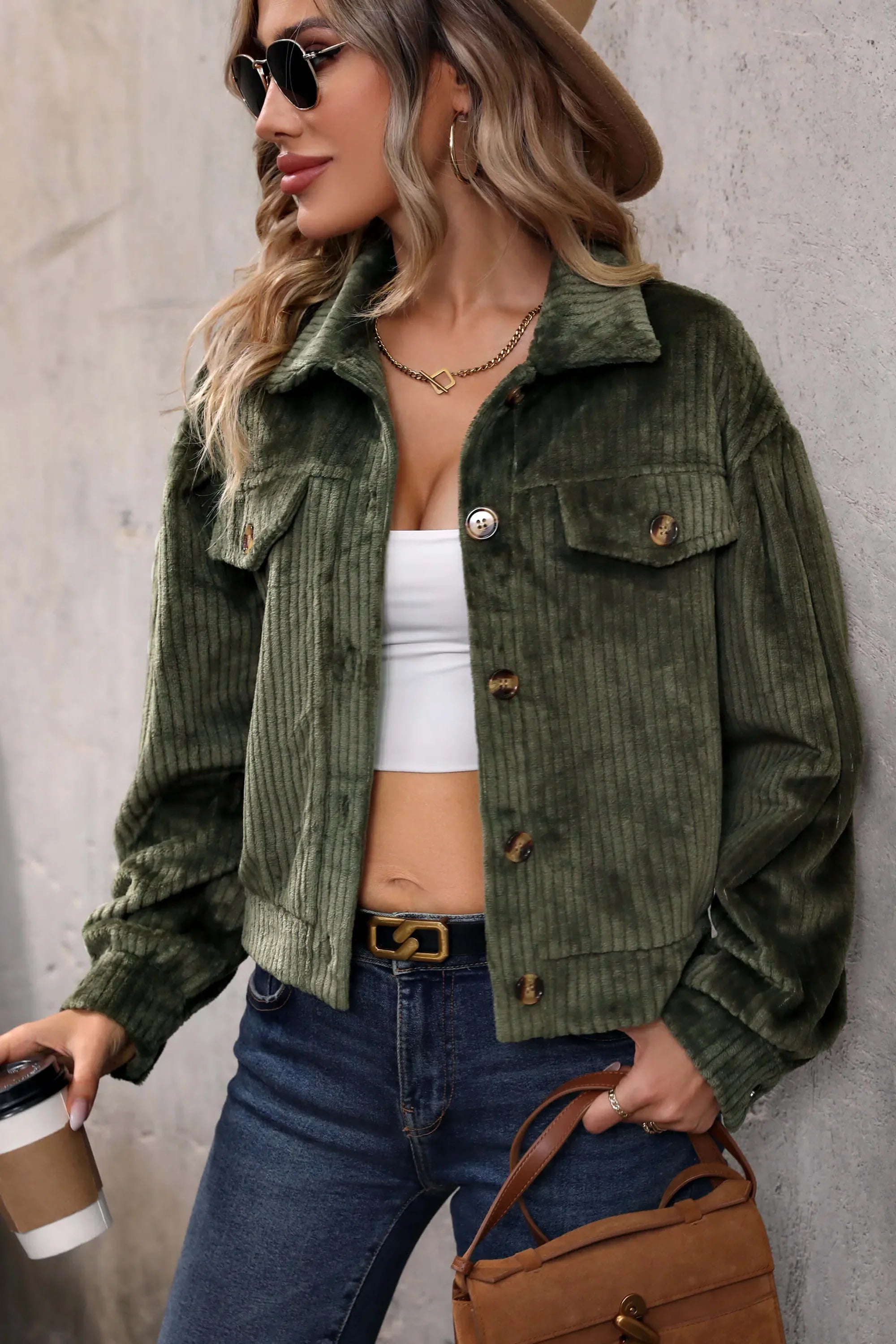 Sabrina Cropped Corduroy Shacket - Olive-ROVOLE