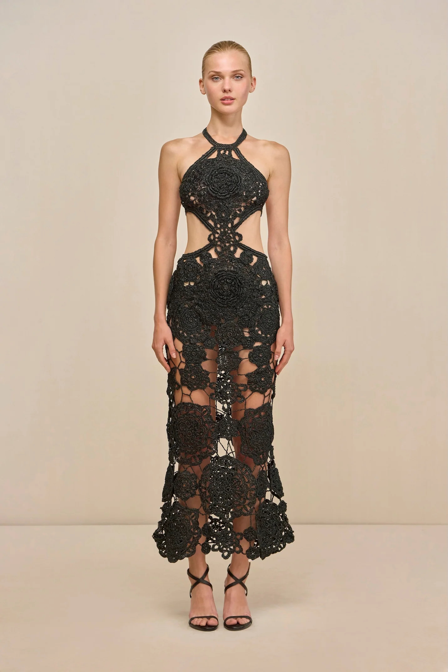 Halter Neck Crochet Cutout Floral Maxi Dress