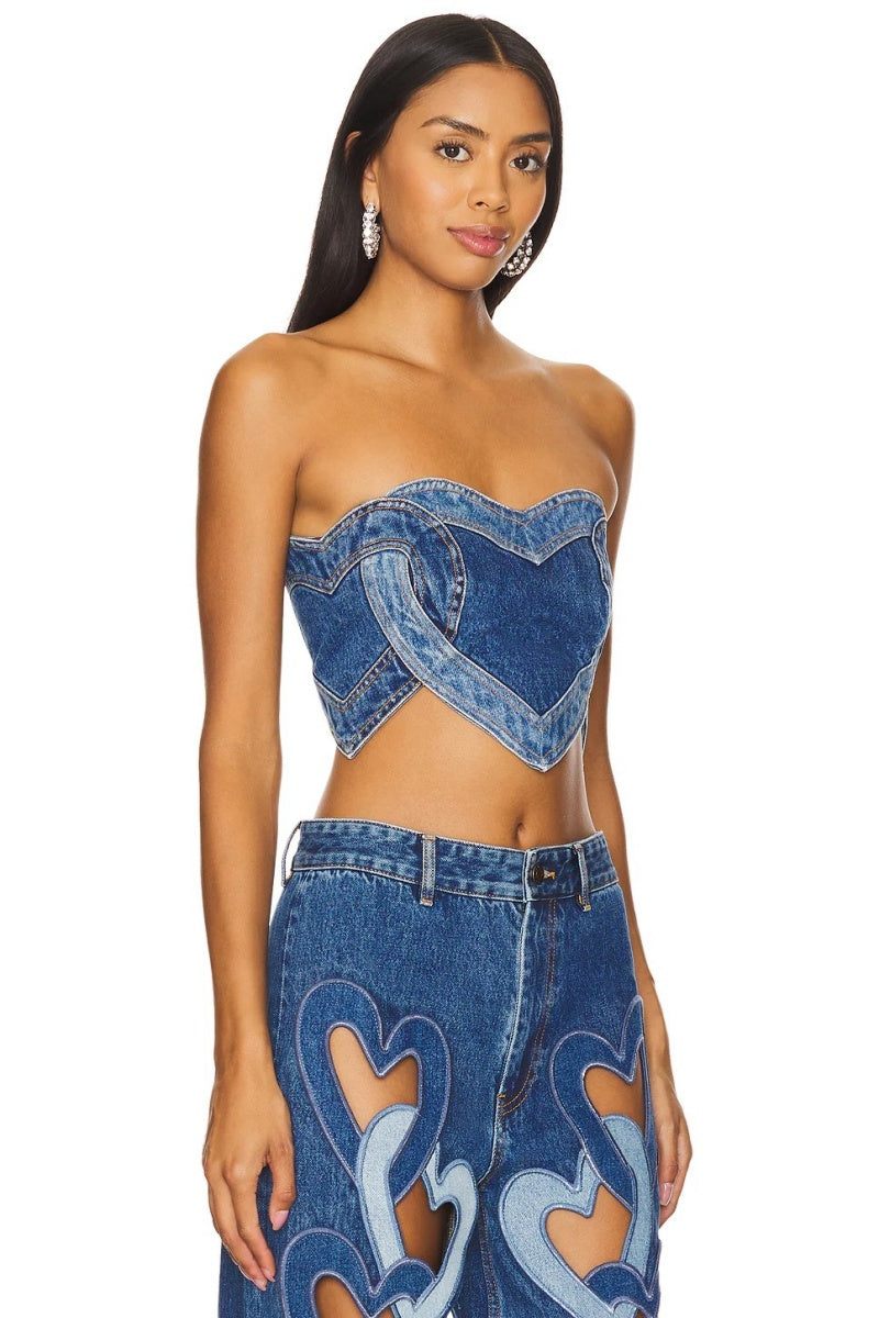 Blue Loving Heart Stitching Sexy Denim Top-ROVOLE