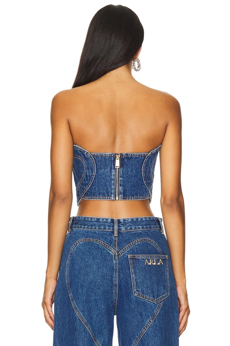 Blue Loving Heart Stitching Sexy Denim Top-ROVOLE