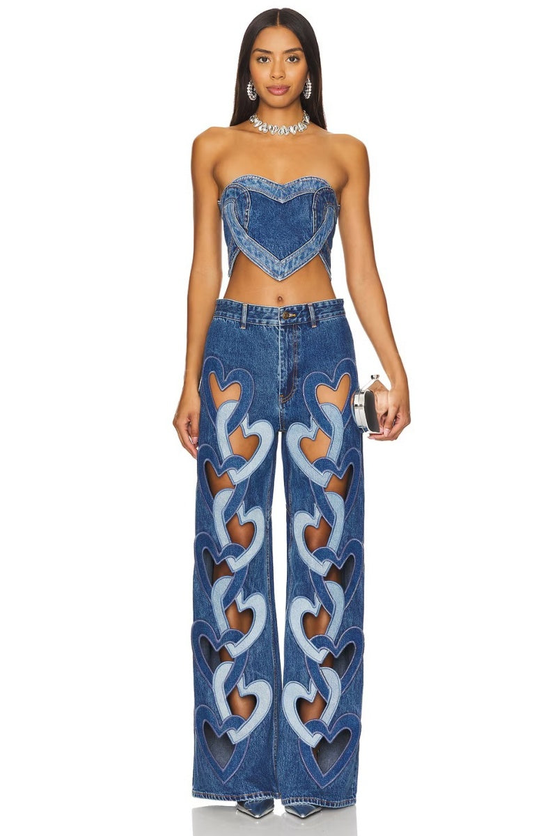 Blue Loving Heart Stitching Sexy Denim Top-ROVOLE