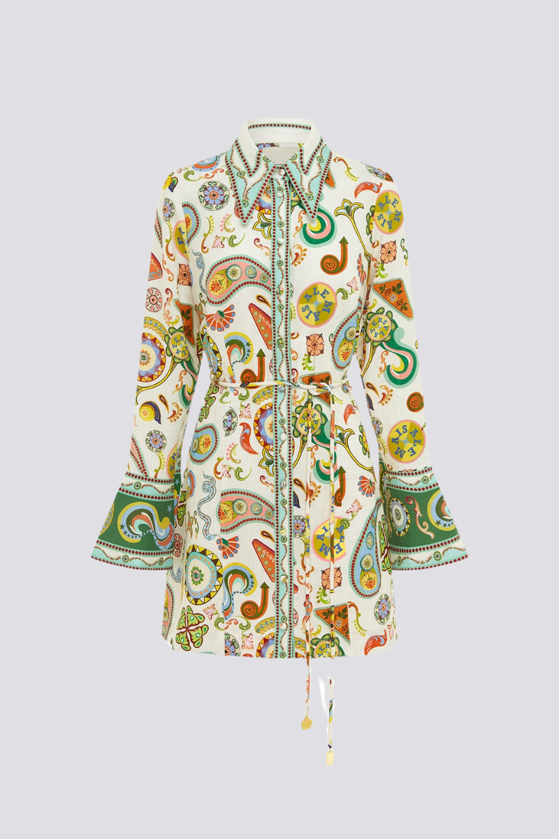 Aimeé Long Sleeve Paisley Mini Dress-ROVOLE