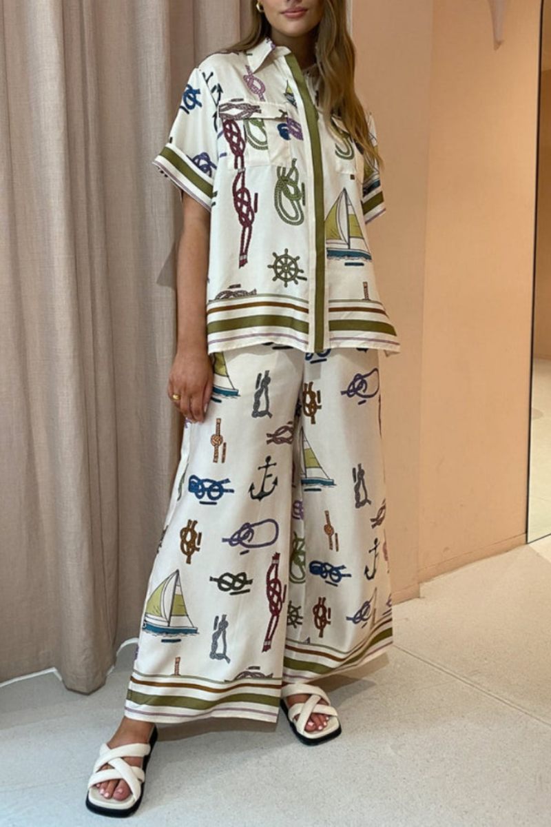 Hand-Drawn Nautical Motifs Pants Set-ROVOLE