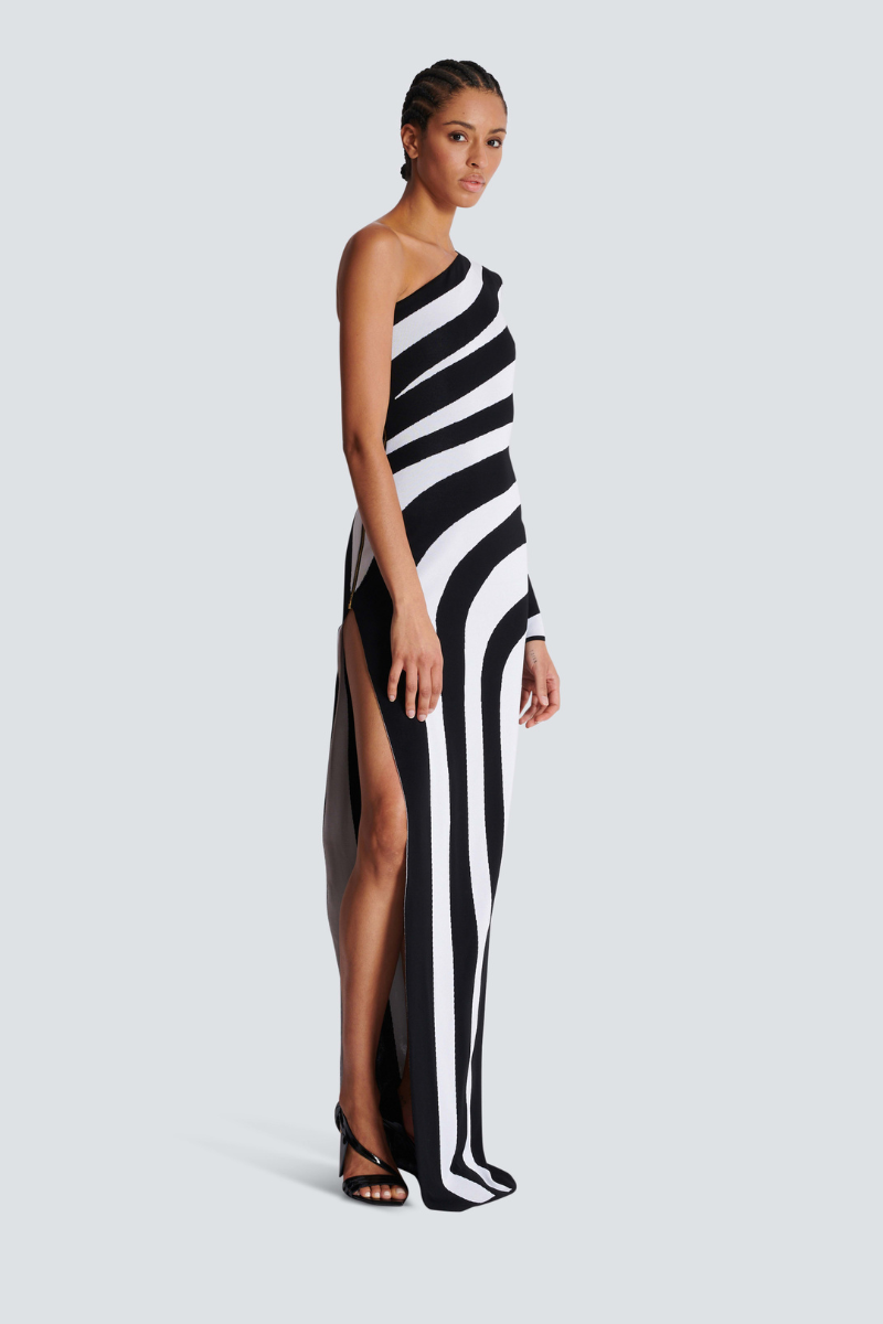 Alizea One Shoulder Slit Asymmetrical Striped Maxi Dress-ROVOLE
