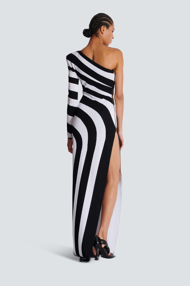 Alizea One Shoulder Slit Asymmetrical Striped Maxi Dress-ROVOLE