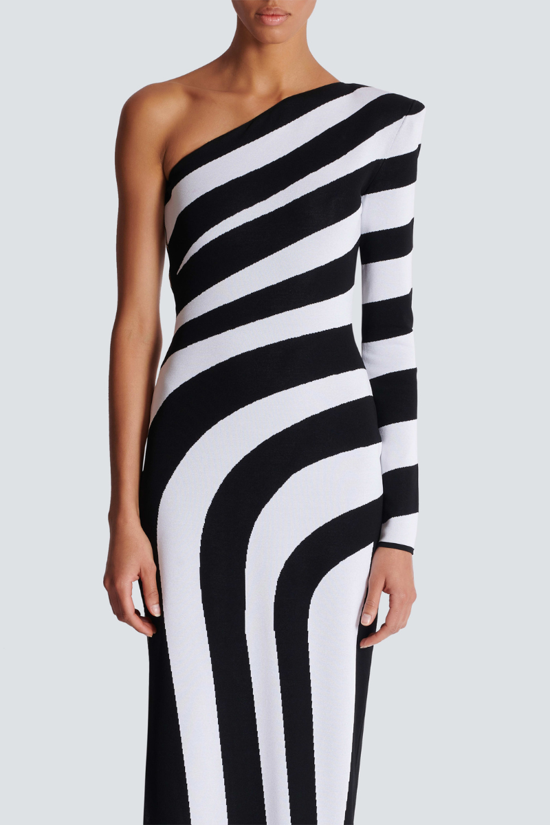Alizea One Shoulder Slit Asymmetrical Striped Maxi Dress-ROVOLE