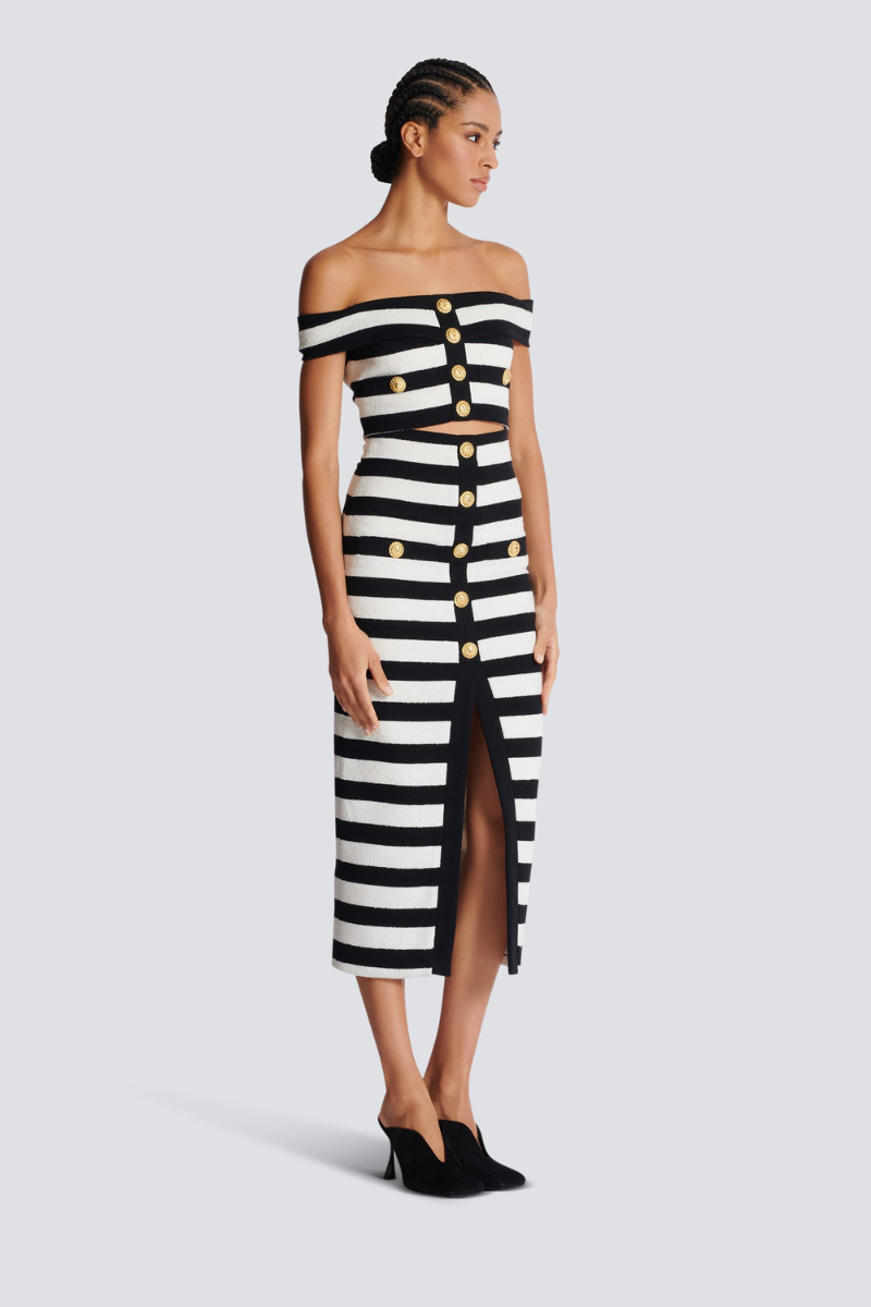 Alizey Off Shoulder Slit Striped Buttoned Skirt Set-ROVOLE