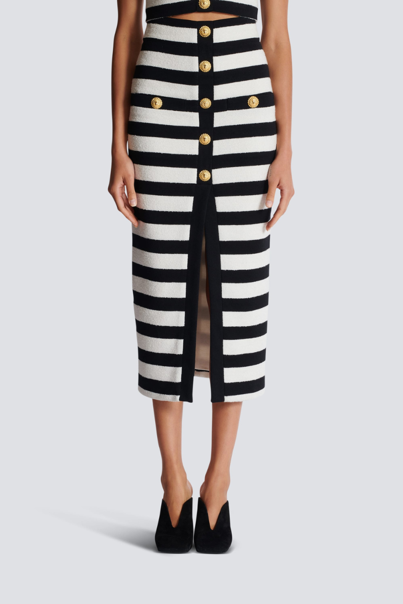 Alizey Off Shoulder Slit Striped Buttoned Skirt Set-ROVOLE
