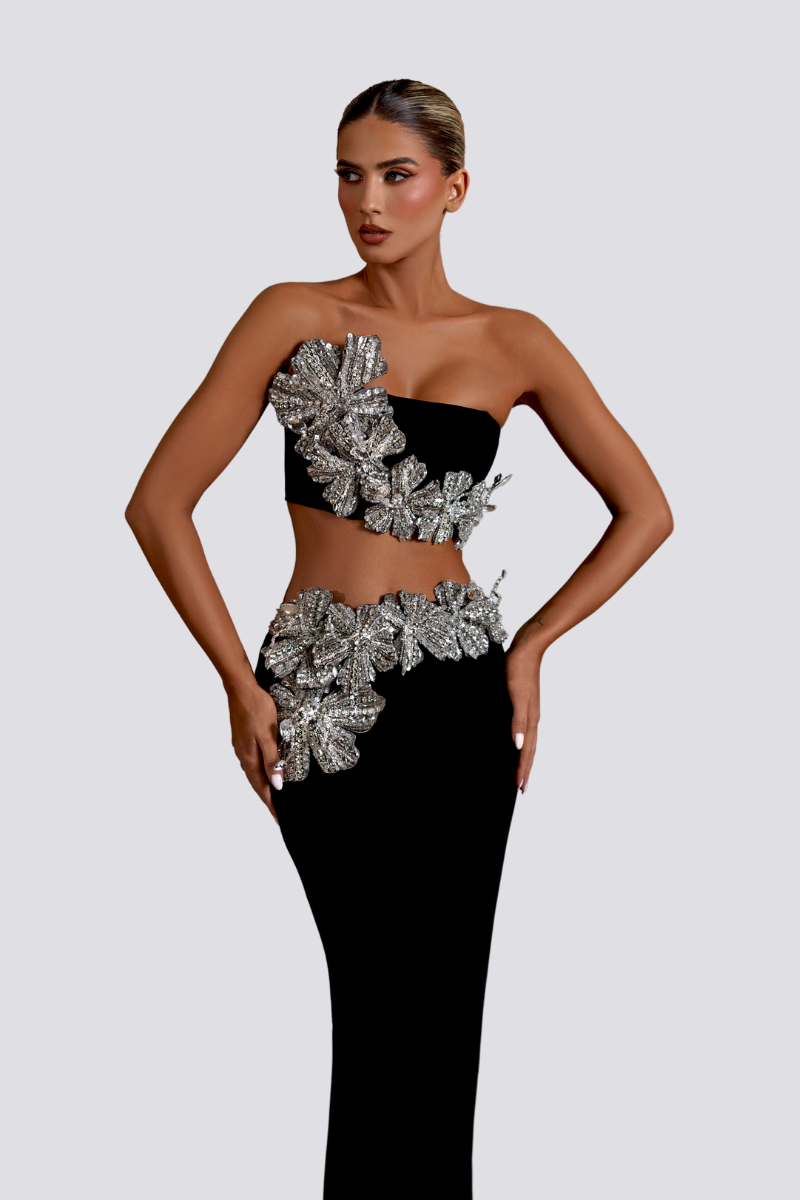 Allese Strapless Floral Rhinestone Skirt Set-ROVOLE