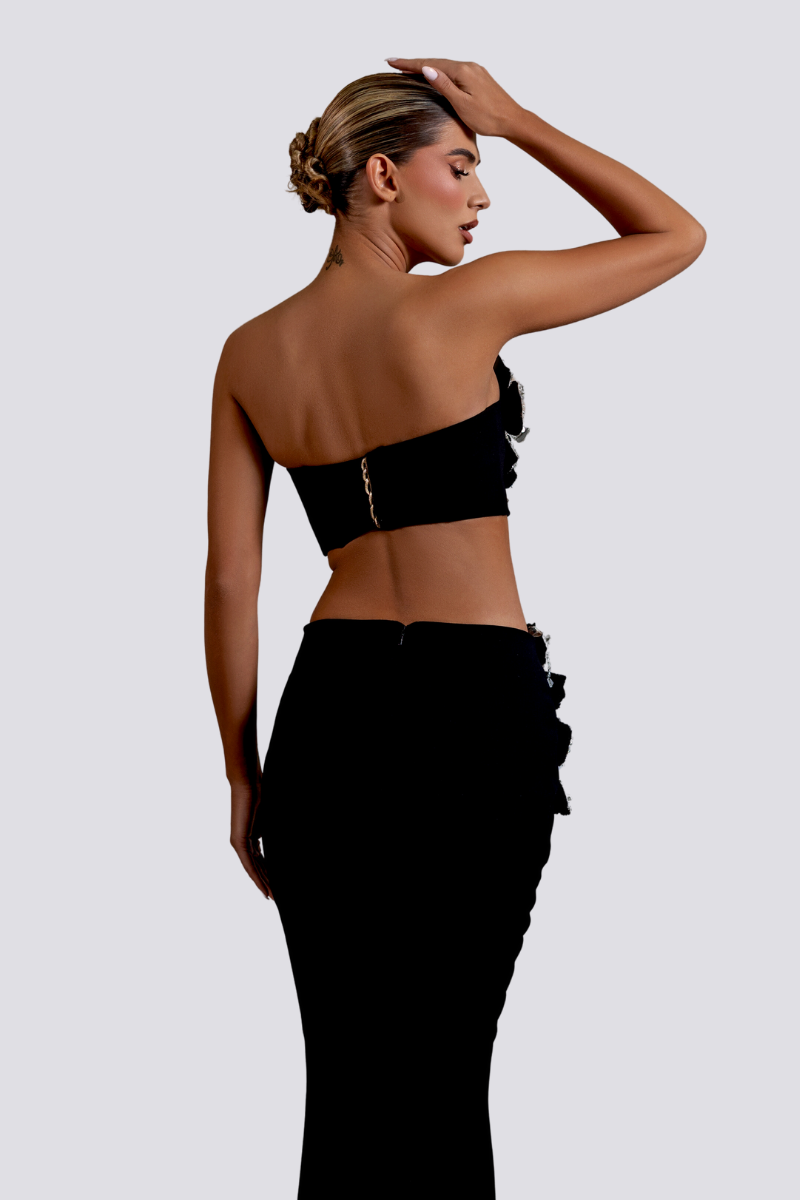 Allese Strapless Floral Rhinestone Skirt Set-ROVOLE