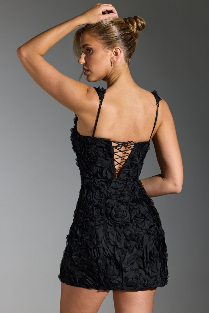 Astérie Floral Lace Up Square Neck Mini Dress In Black-ROVOLE