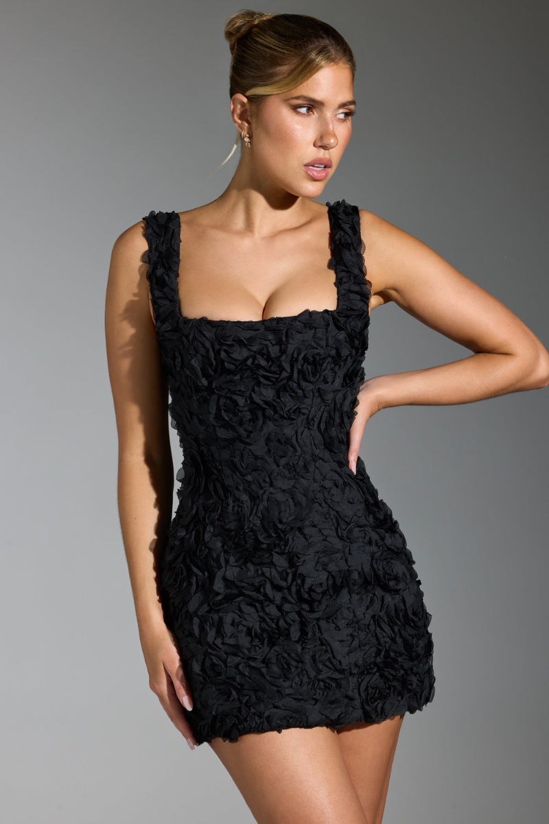 Astérie Floral Lace Up Square Neck Mini Dress In Black-ROVOLE