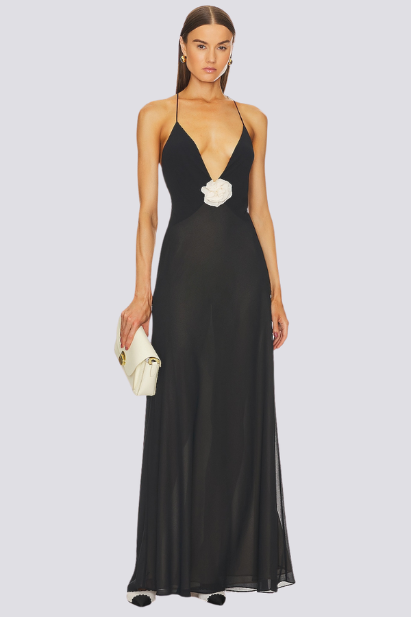 Ava Spaghetti Plunge Neck Maxi Dress-ROVOLE