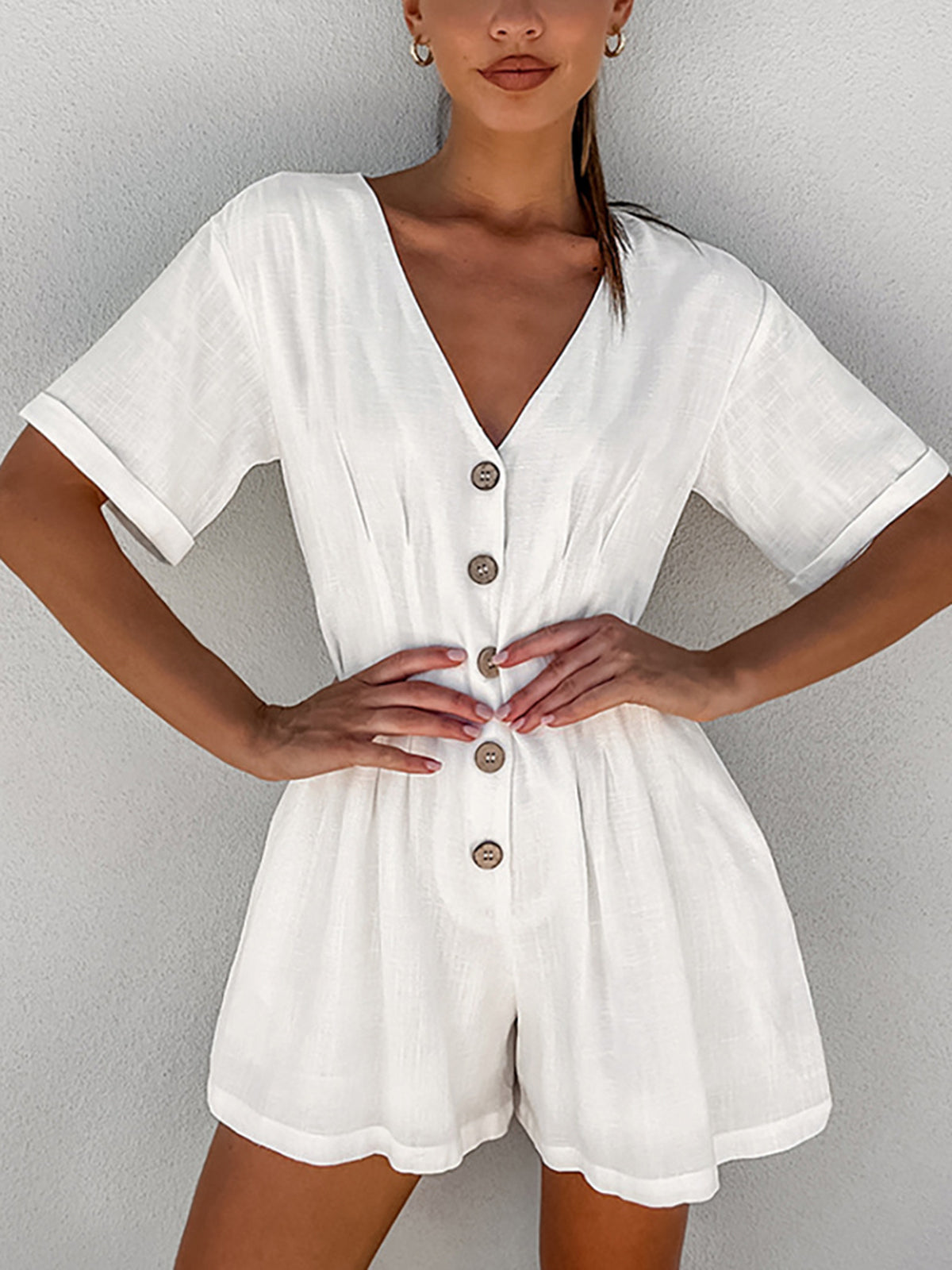 Button Down Linen Cotton Jumpsuit-ROVOLE