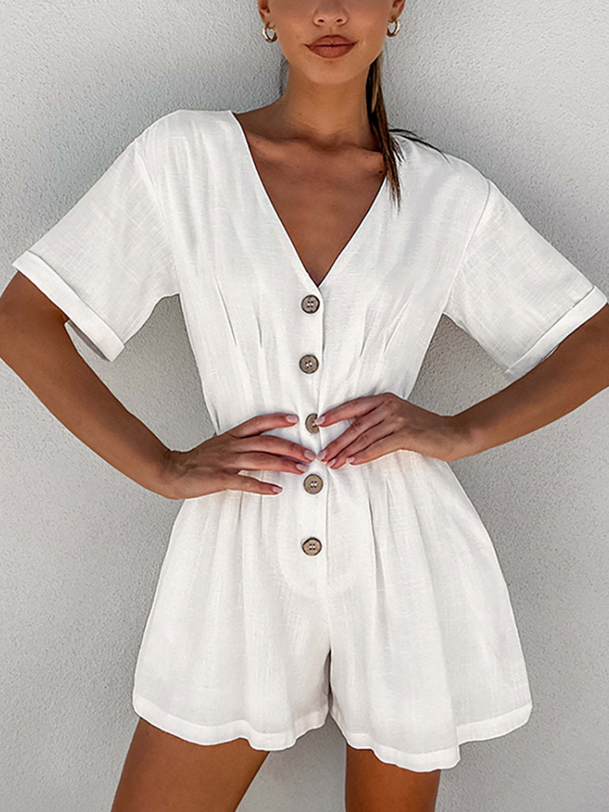 Button Down Linen Cotton Jumpsuit-ROVOLE