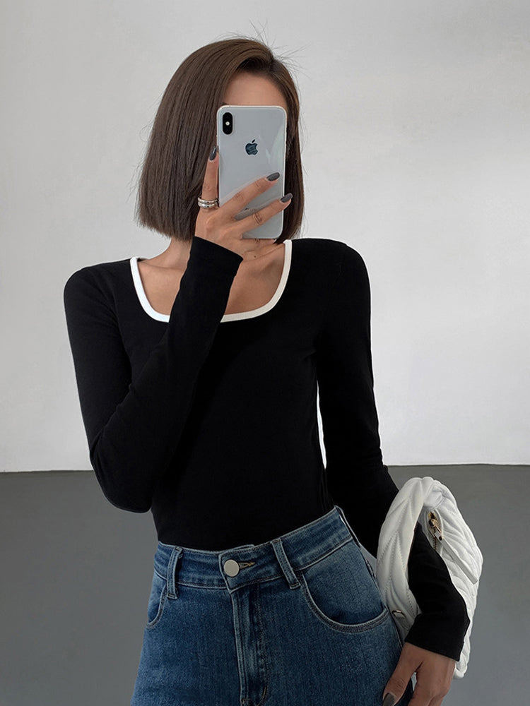 Sliver Lining Contrast Neckline Long Sleeve Top-Massicos