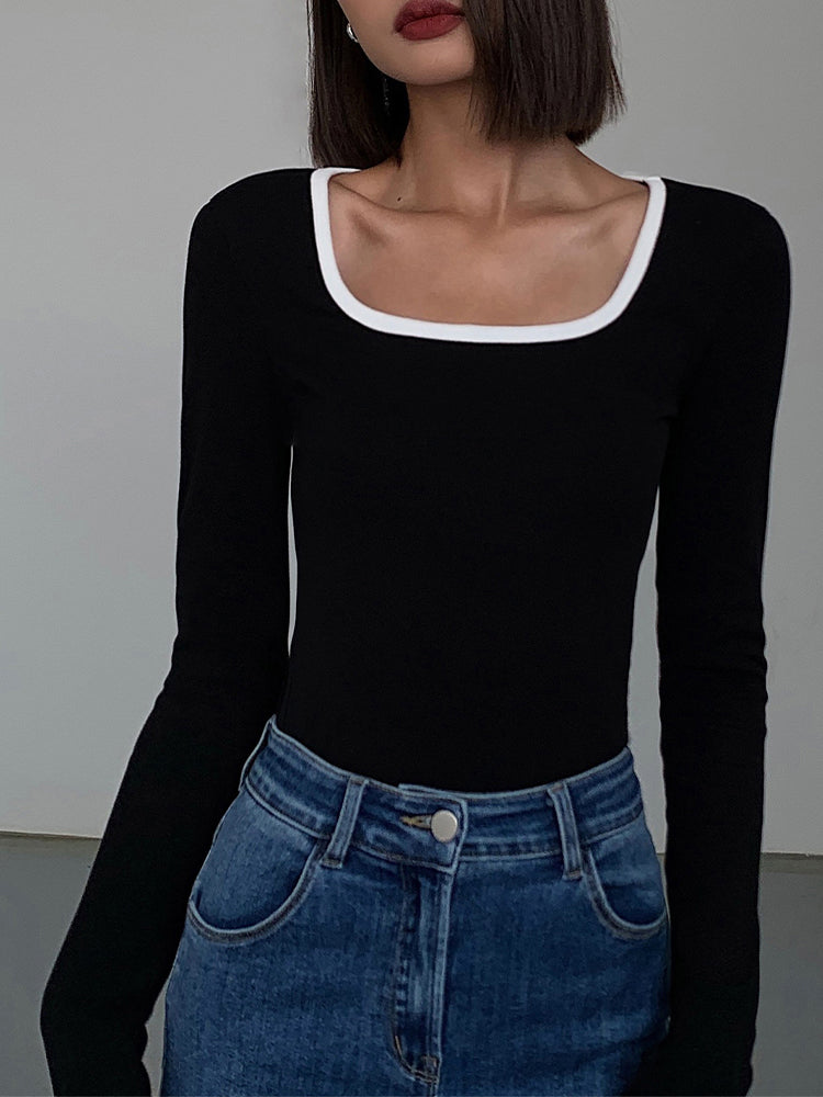 Sliver Lining Contrast Neckline Long Sleeve Top-Massicos