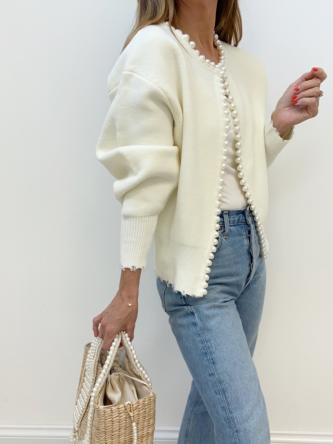Pearl Trim Ripped Hem Cardigan-Massicos