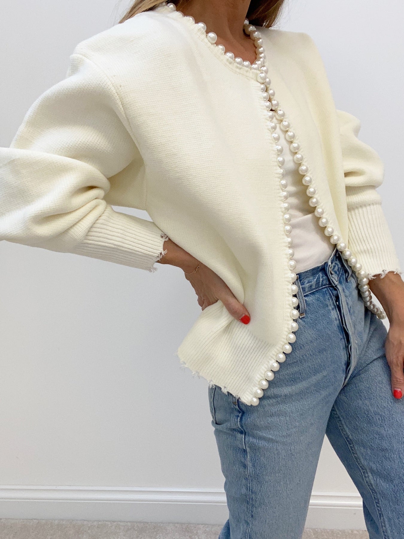 Pearl Trim Ripped Hem Cardigan-Massicos