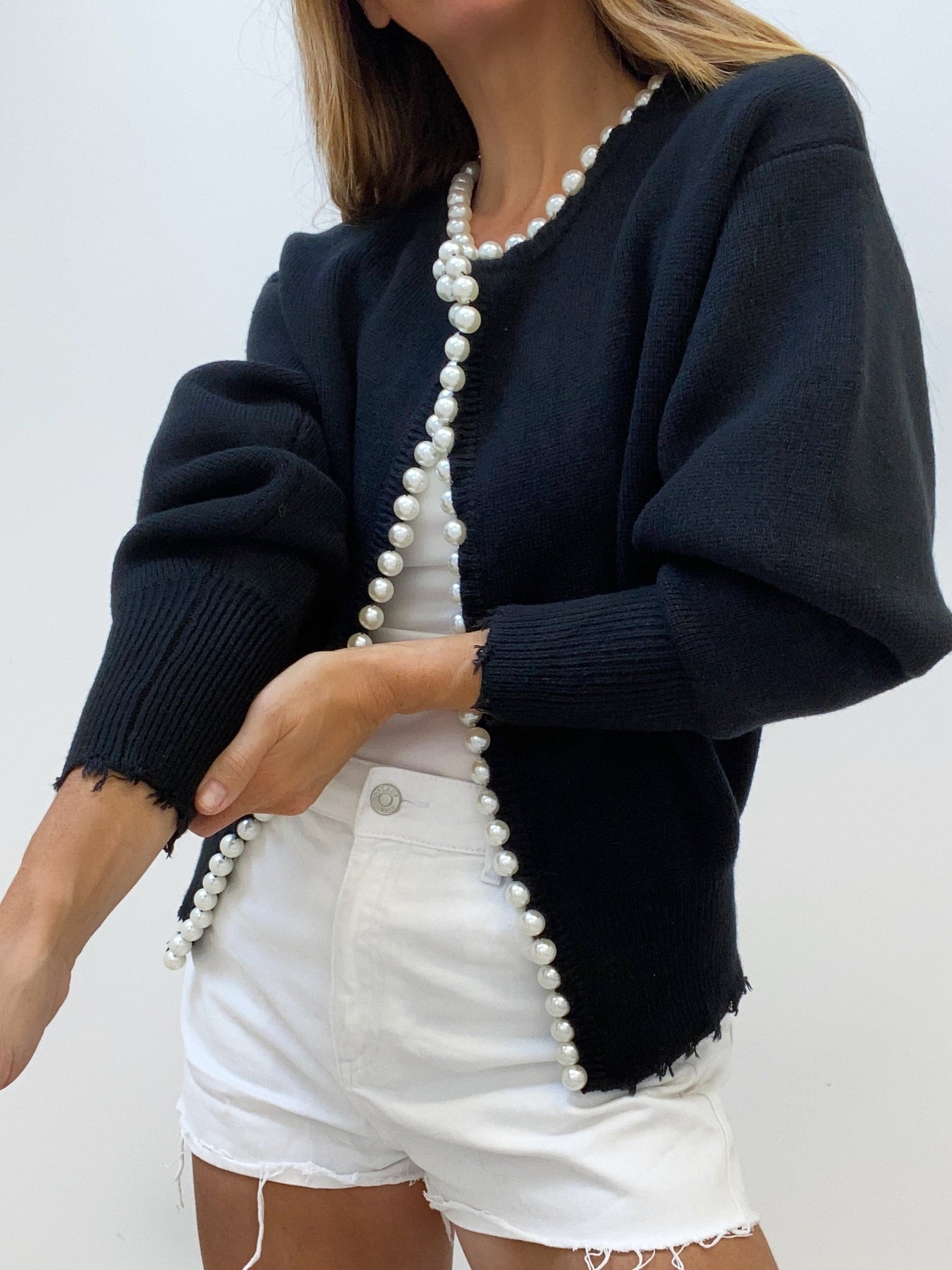 Pearl Trim Ripped Hem Cardigan-Massicos
