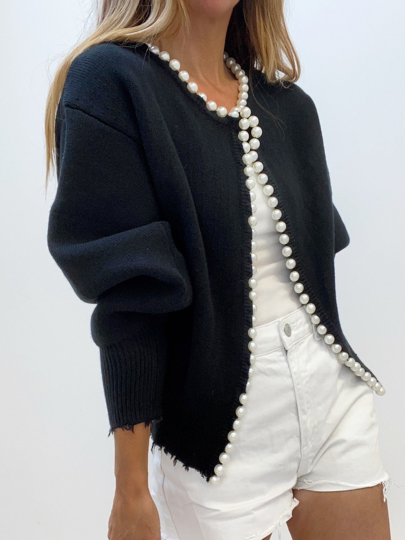Pearl Trim Ripped Hem Cardigan-Massicos