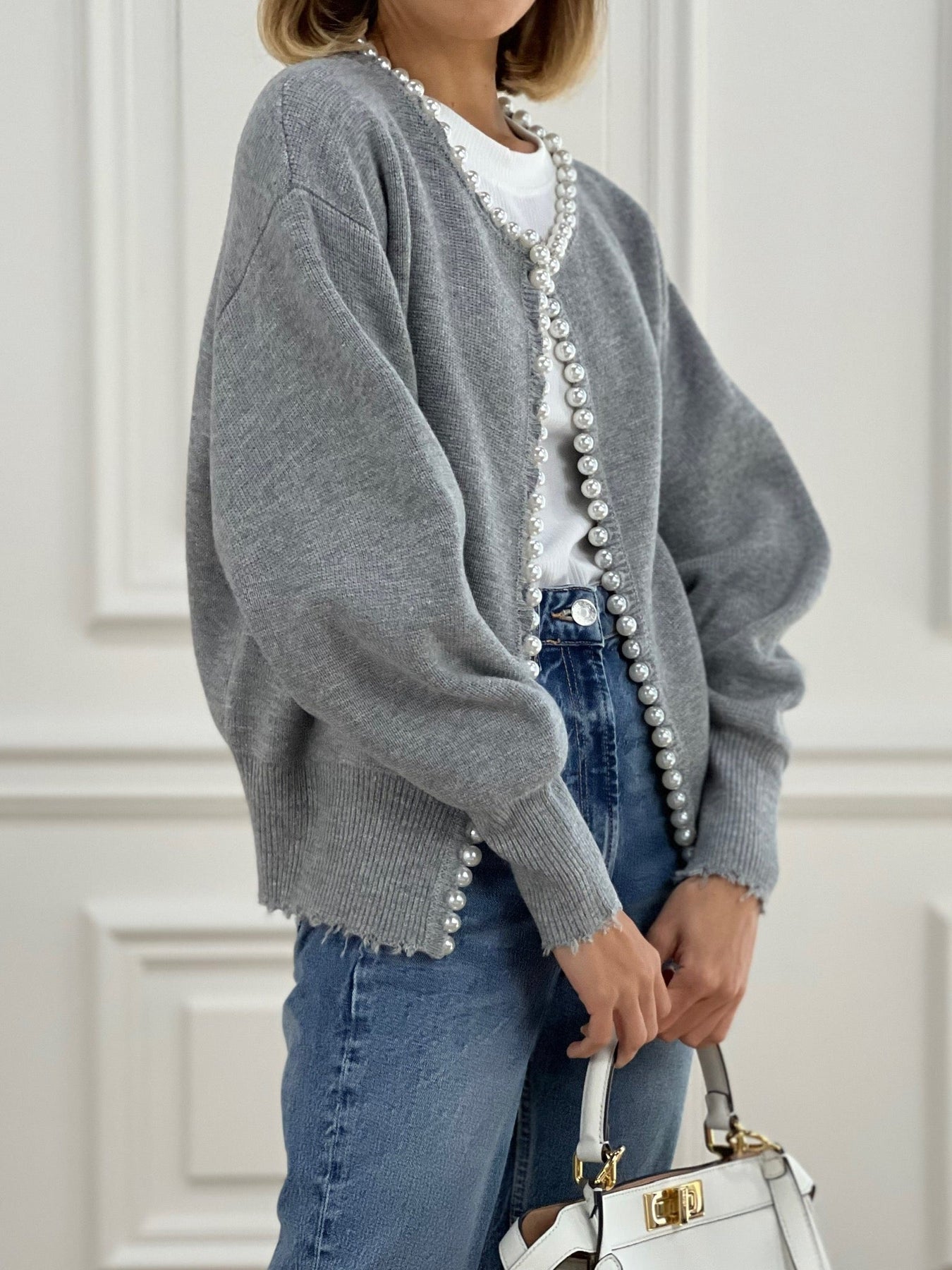 Pearl Trim Ripped Hem Cardigan-Massicos
