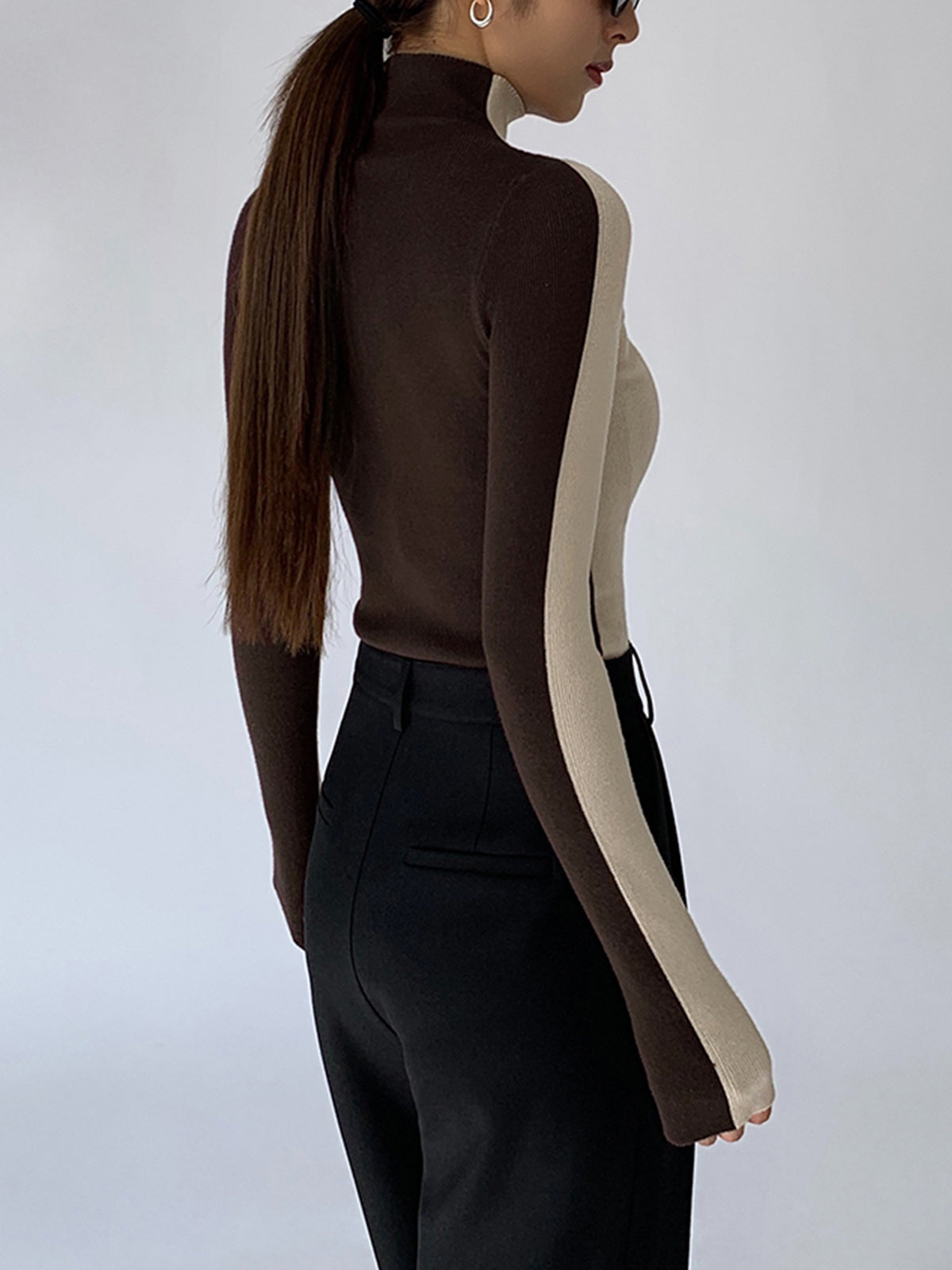 Two Tone Double Sided Long Sleeve Knit Top-Massicos