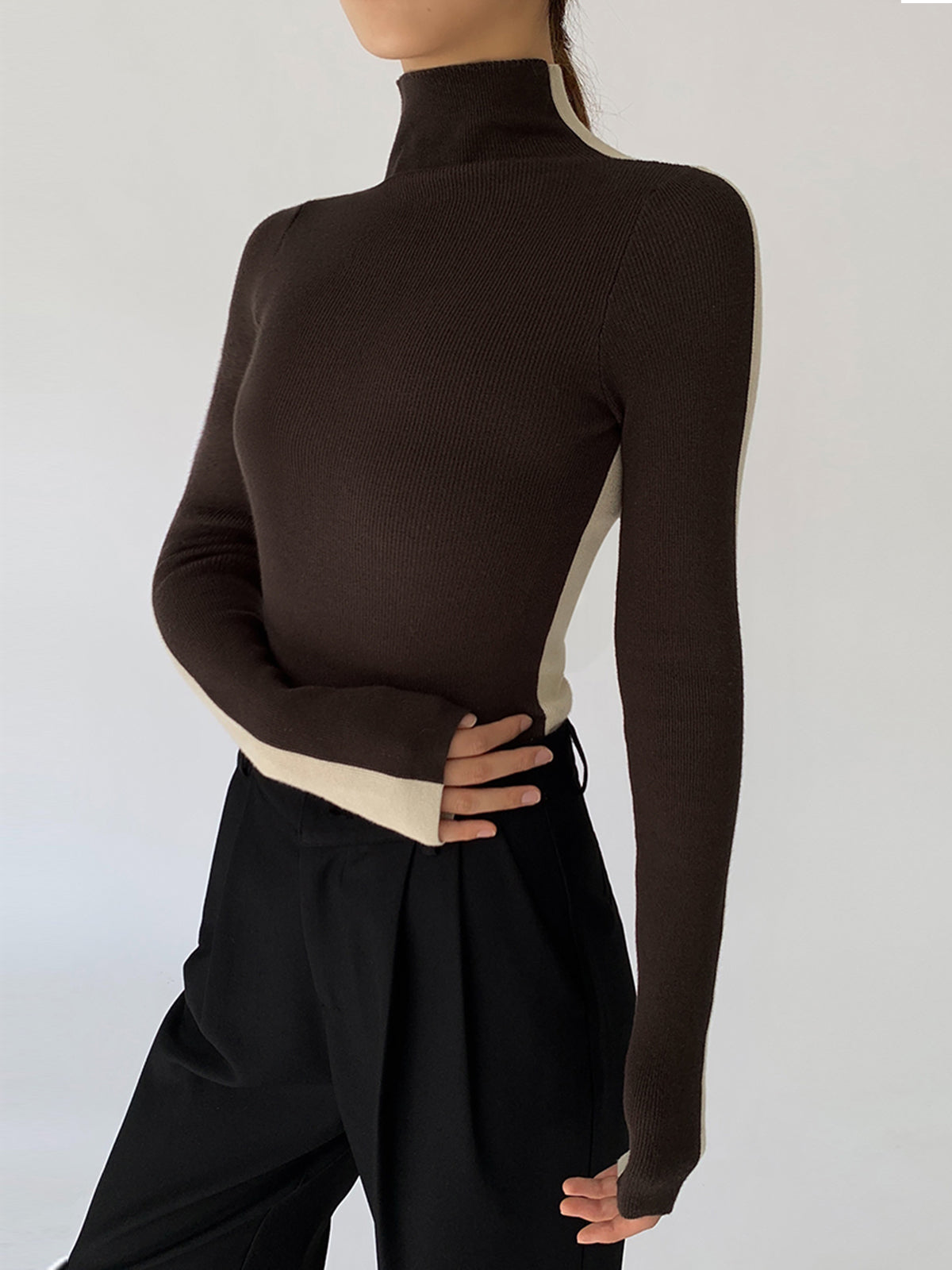 Two Tone Double Sided Long Sleeve Knit Top-Massicos