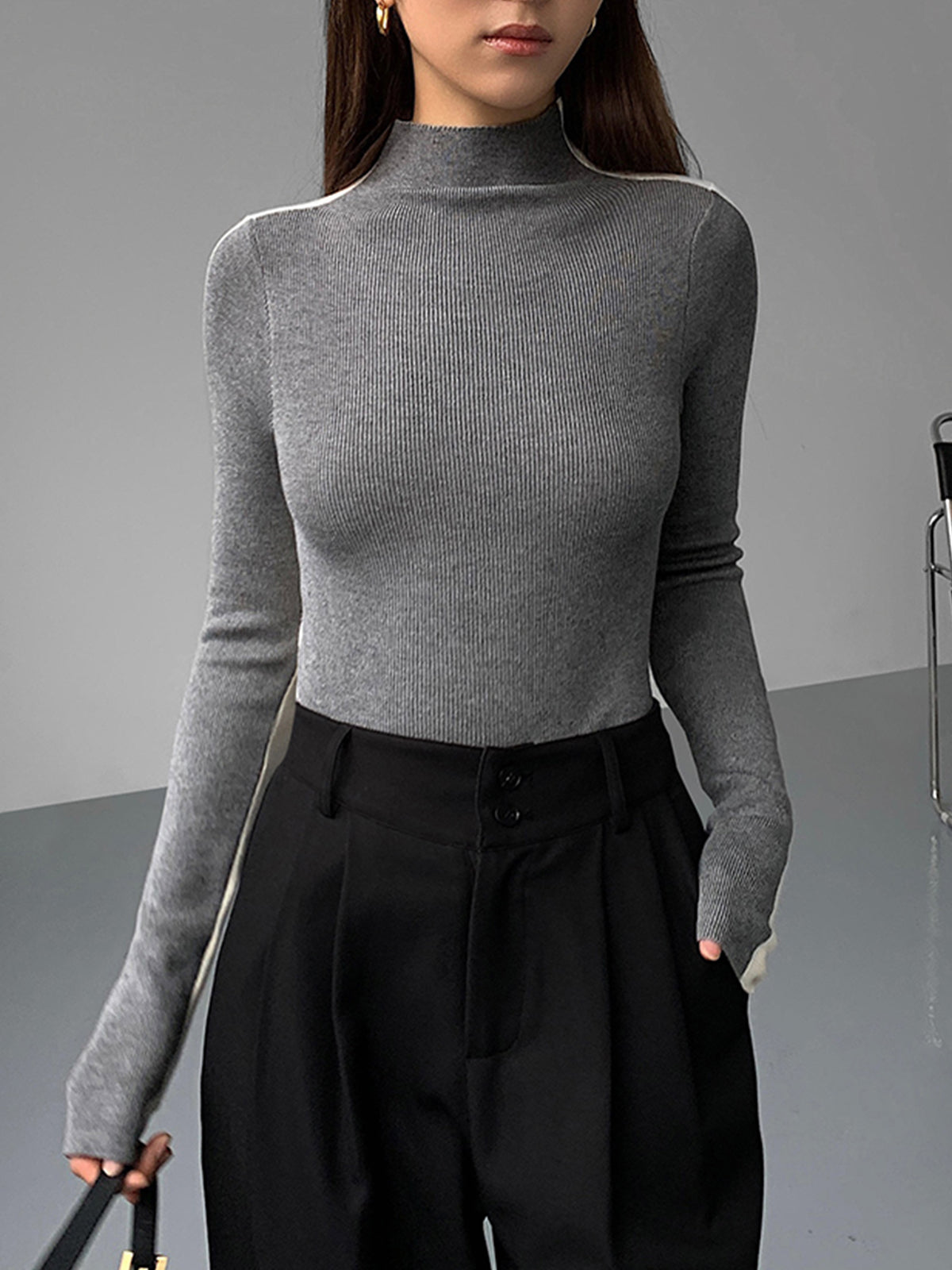 Two Tone Double Sided Long Sleeve Knit Top-Massicos