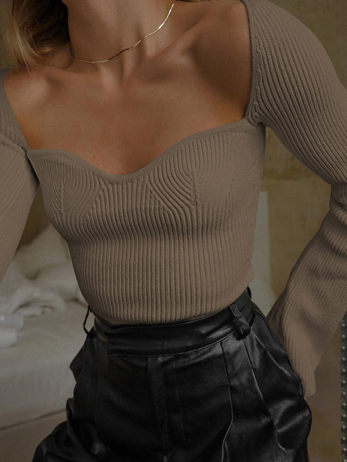 Sweetheart Long Sleeve Knit Top-Massicos