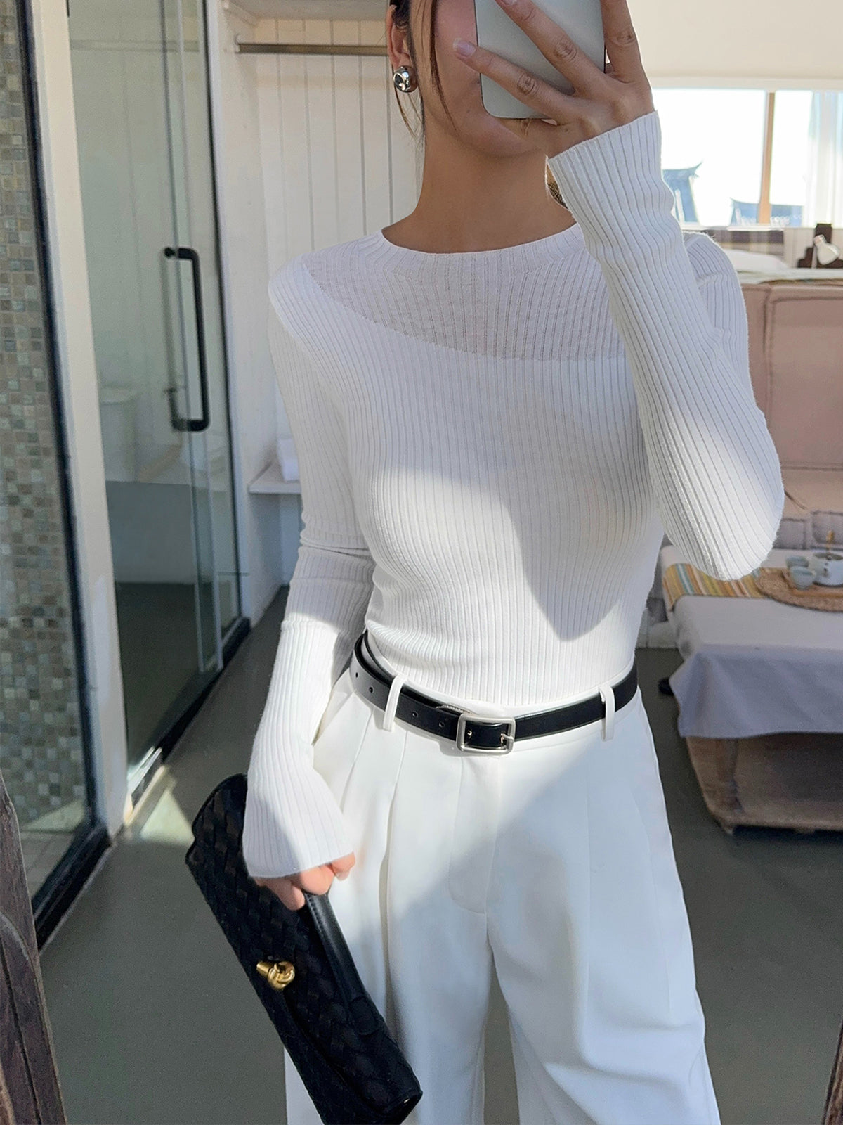 Knit Ribbed Crew Neck Asymmetric Top-Massicos